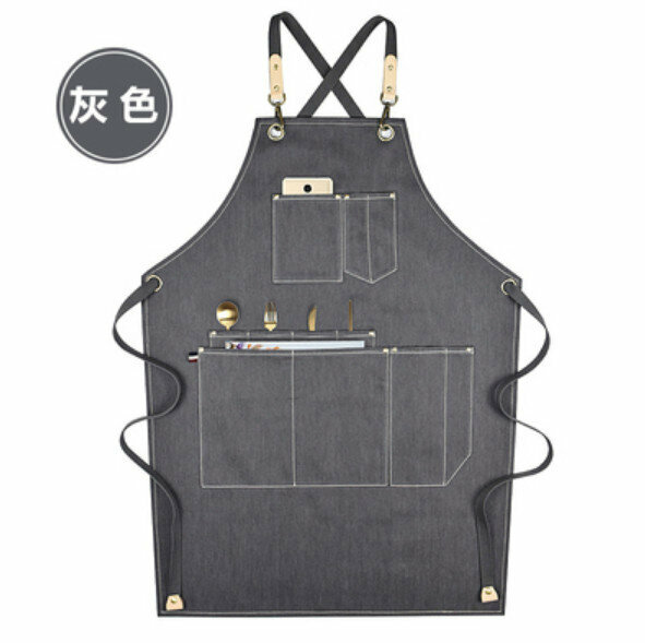 熱賣餐廳花藝師理髮店工作背帶圍裙（織帶雙袋-牛仔灰色）