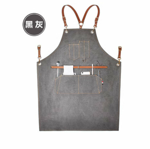 熱賣理髮店咖啡廳工作圍裙（Y型棕色皮帶-厚帆布黑灰色）