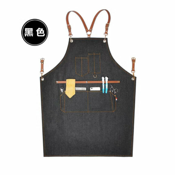 熱賣理髮店咖啡廳工作圍裙（Y型棕色皮帶-牛仔黑色）