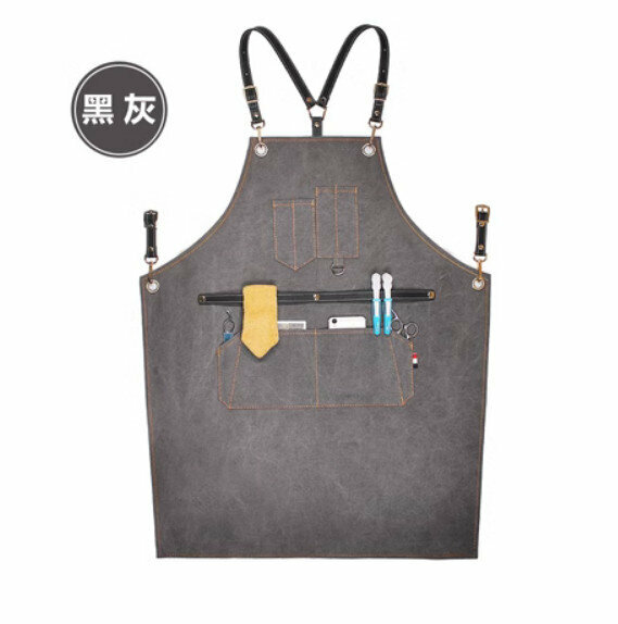 熱賣理髮店咖啡廳工作圍裙（Y型黑色皮帶-厚帆布黑灰色）