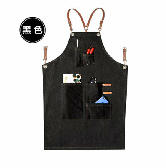 熱賣理髮店咖啡廳工作圍裙（荔枝Y型棕色皮帶-牛仔A款黑色）