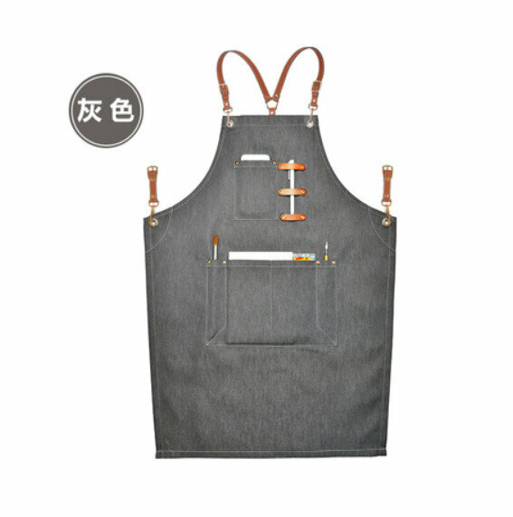 熱賣理髮店咖啡廳工作圍裙（荔枝Y型棕色皮帶-牛仔B款灰色）