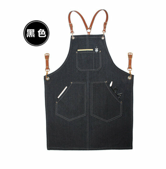 熱賣理髮店咖啡廳工作圍裙（荔枝Y型棕色皮帶-牛仔E款黑色）