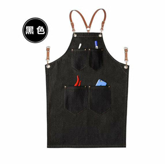熱賣理髮店咖啡廳工作圍裙（荔枝Y型棕色皮帶-牛仔D款黑色）