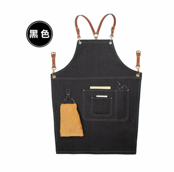 熱賣理髮店咖啡廳工作圍裙（荔枝Y型棕色皮帶-吊環款黑色）