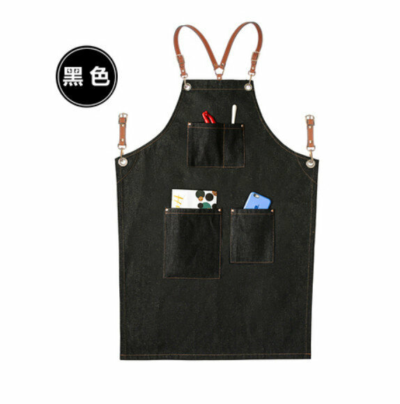 熱賣理髮店咖啡廳工作圍裙（荔枝Y型棕色皮帶-牛仔C款黑色）