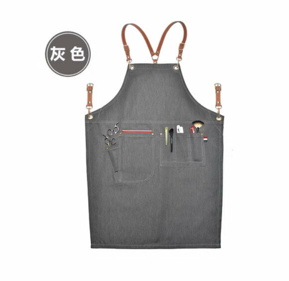 熱賣理髮店咖啡廳工作圍裙（荔枝Y型棕色皮帶-牛仔G款灰色）