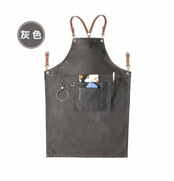 熱賣理髮店咖啡廳工作圍裙（荔枝Y型棕色皮帶-吊環款灰色）