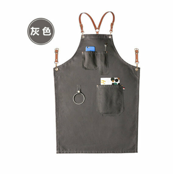 熱賣理髮店咖啡廳工作圍裙（荔枝Y型棕色皮帶-吊環D款灰色）