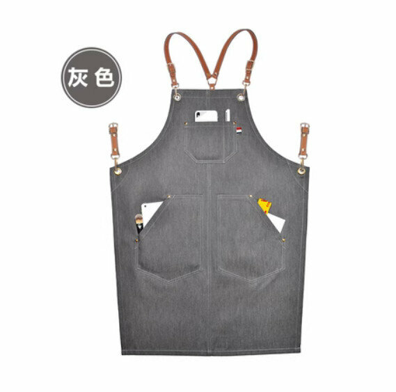 熱賣理髮店咖啡廳工作圍裙（荔枝Y型棕色皮帶-牛仔E款灰色）