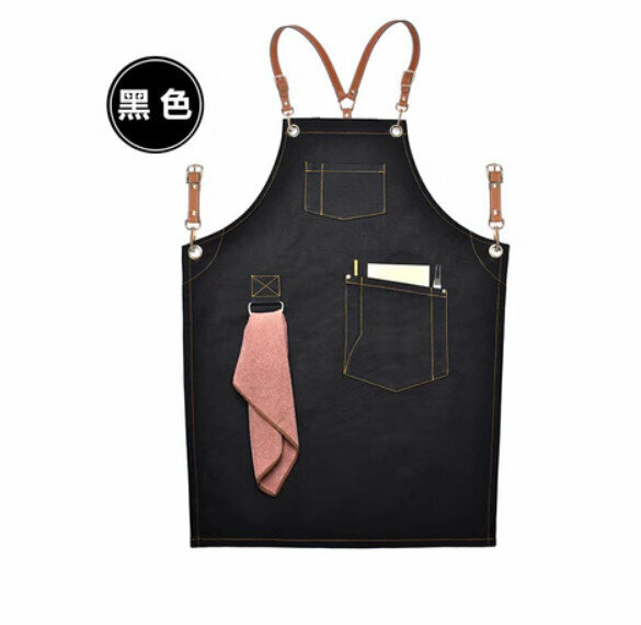 熱賣理髮店咖啡廳工作圍裙（荔枝Y型棕色皮帶-新吊環款黑色）