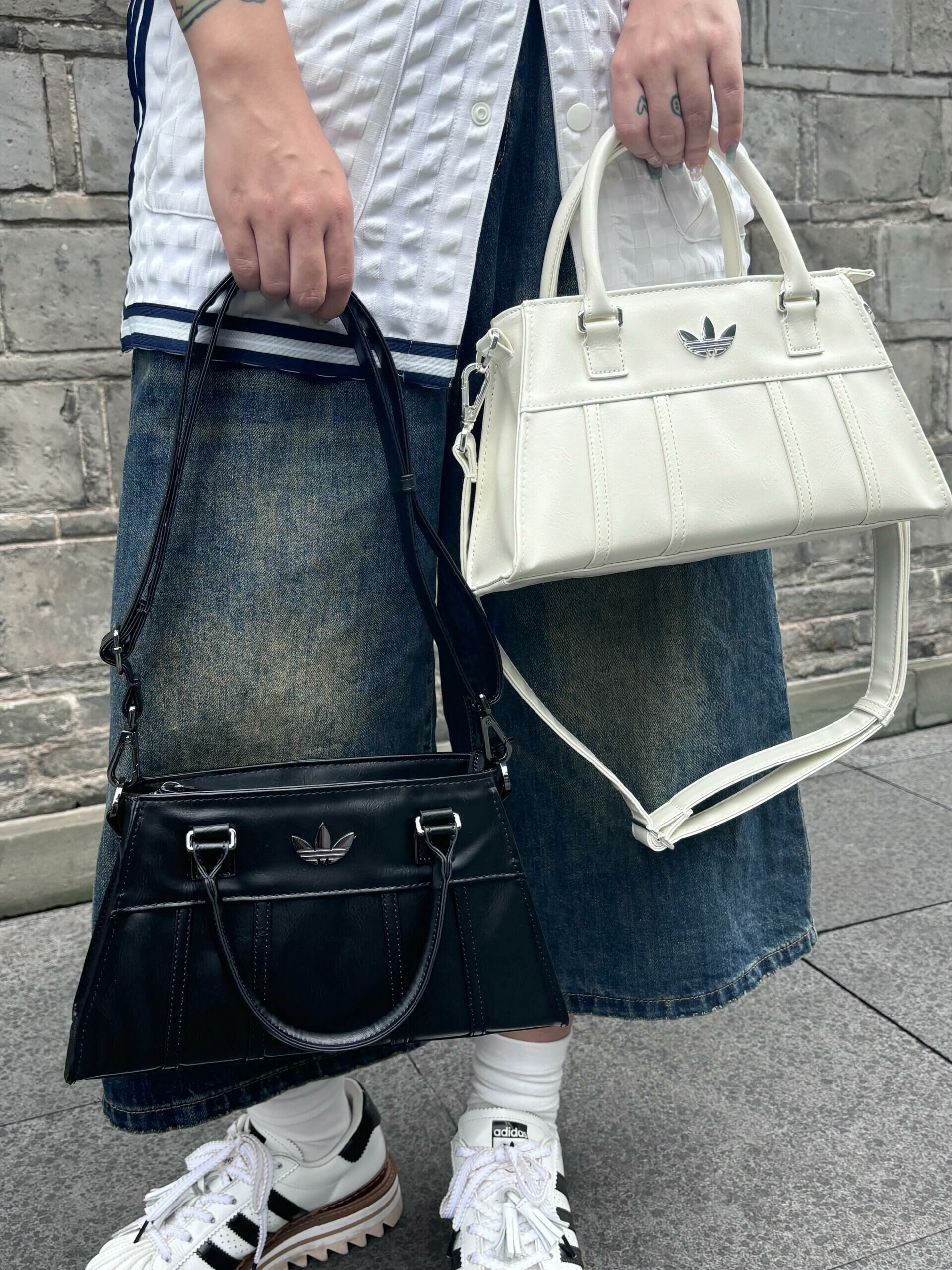 Adidas Originals 沙漏包 梯形包 肩背包 皮革 三葉草 奶白色 黑色 銀色/預購