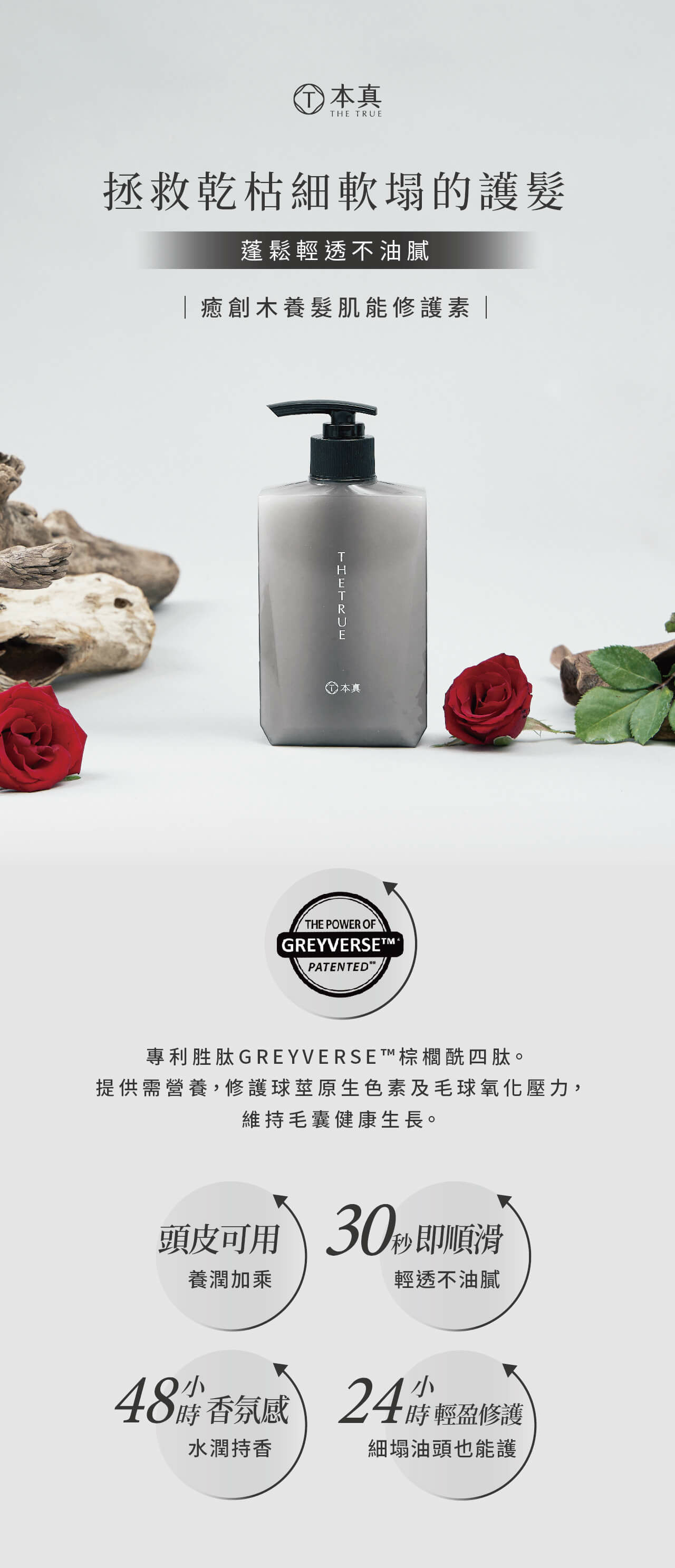 癒創木養髮肌能修護素，專為乾枯細軟塌髮質設計，使用後蓬鬆清透不油膩。含專利胜肽GREYVERSE，提供頭髮所需營養，維持健康毛囊。頭皮可用，30秒即滑順，48小時持久香氛，24小時輕盈修護