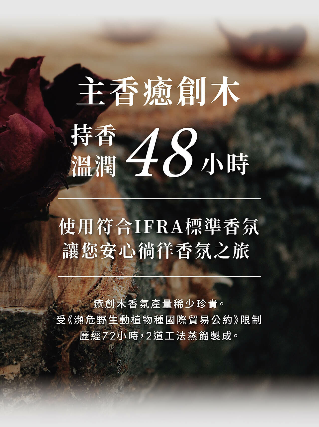 癒創木香氛，溫潤持香48小時，符合IFRA標準，稀有且受保護，經過特殊蒸餾工法製成