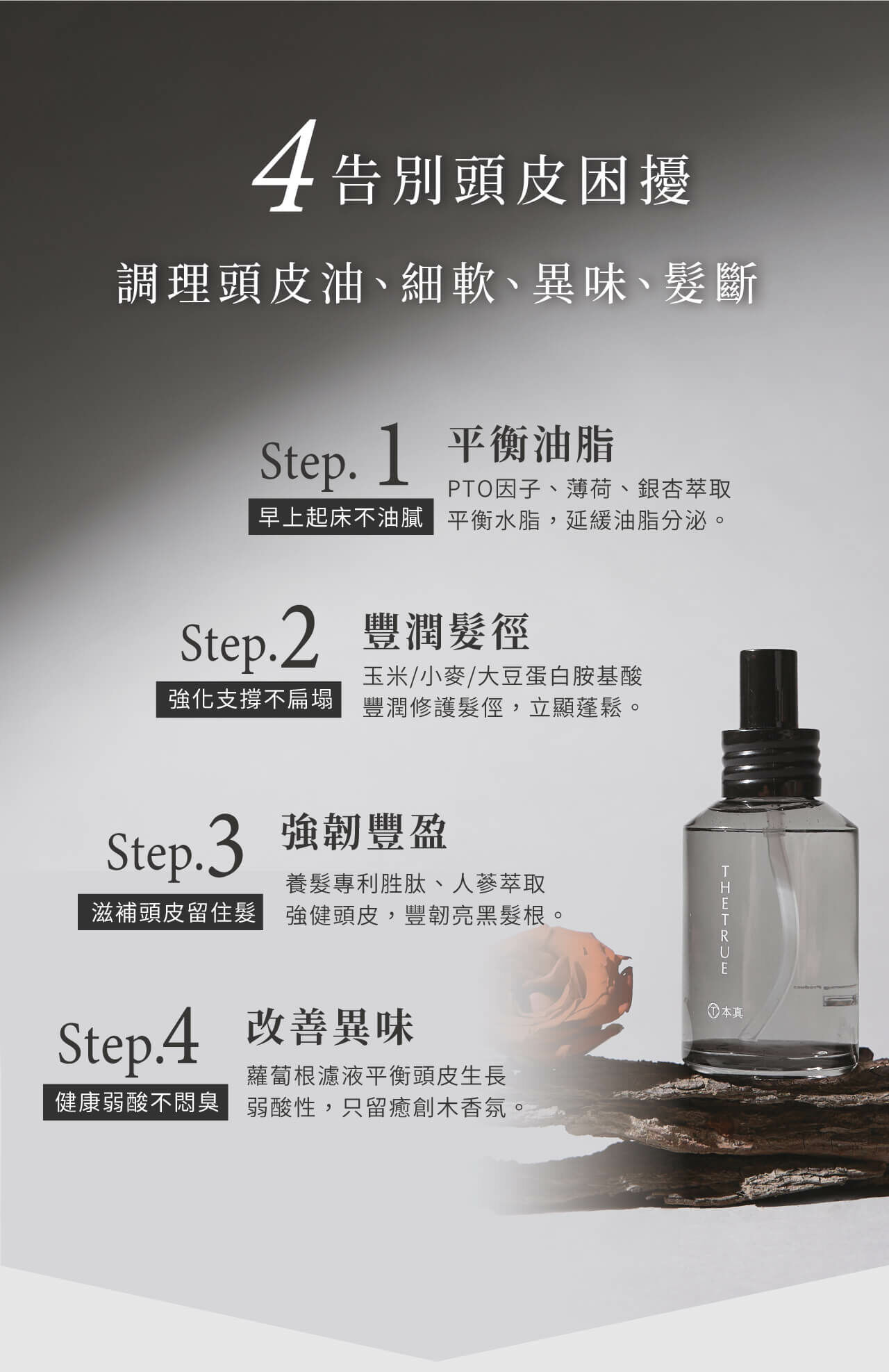 4步解決頭皮問題：平衡油脂，柔潤修護髮絲，強韌豐盈髮根，改善異味。含薄荷、胜肽、人參萃取等成分，幫助保持頭皮健康、清爽與強韌