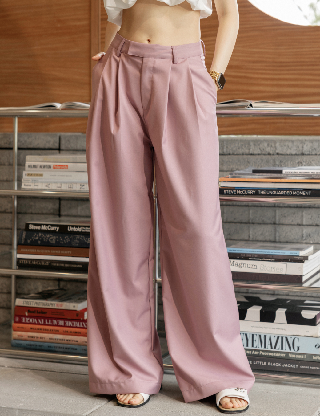 後交叉耳仔設計寬褲（莓果粉/3尺寸）
