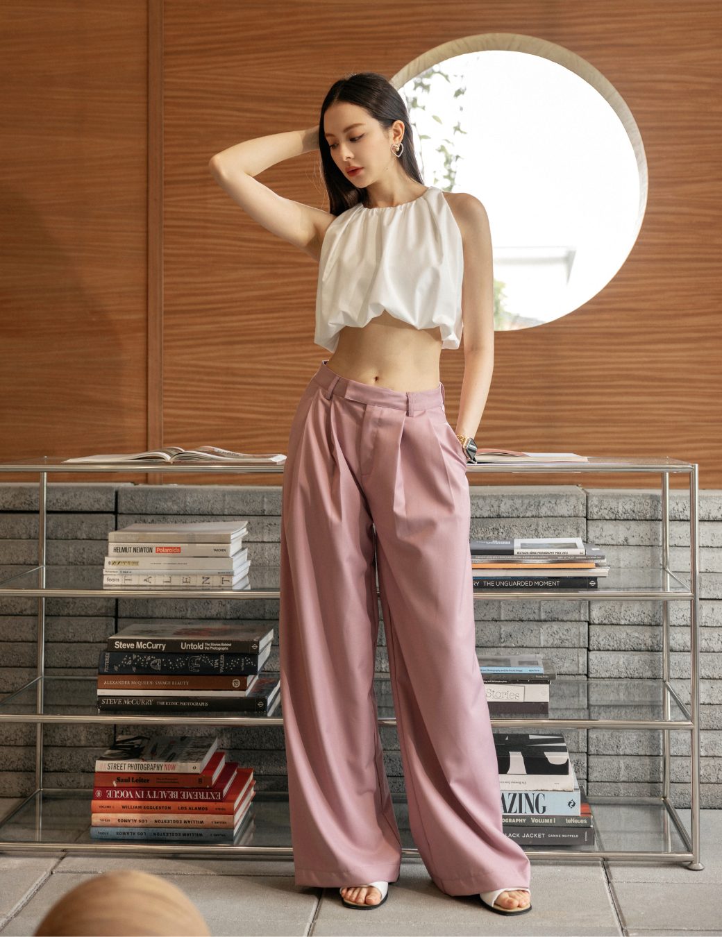 後交叉耳仔設計寬褲（莓果粉/3尺寸）