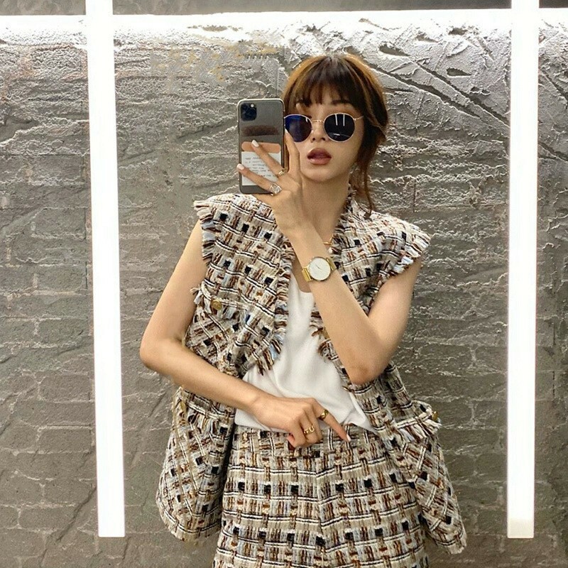 格紋流蘇寬版背心+高腰短褲(2件組)