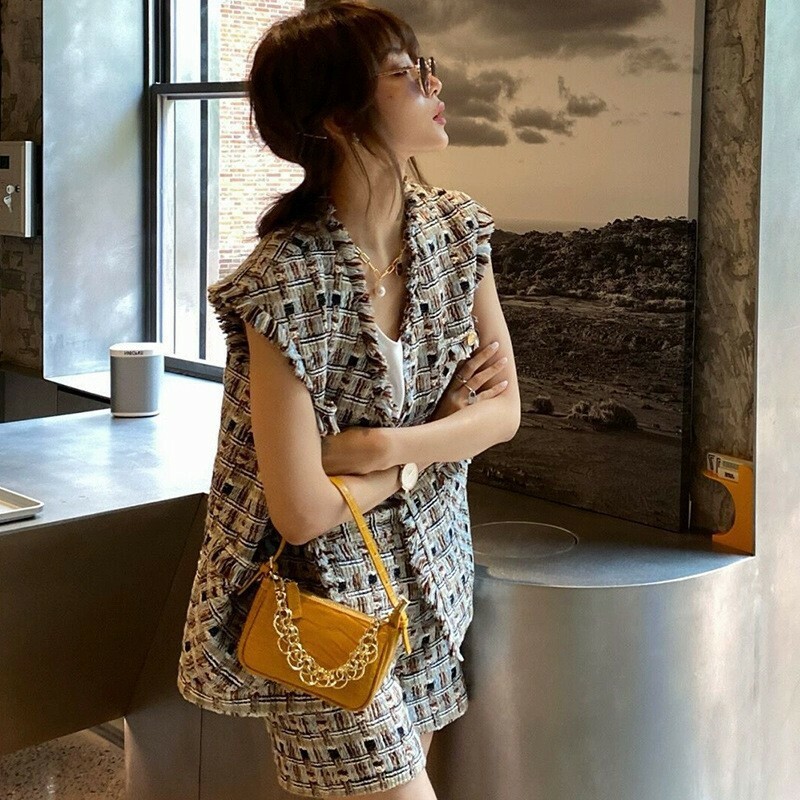 格紋流蘇寬版背心+高腰短褲(2件組)