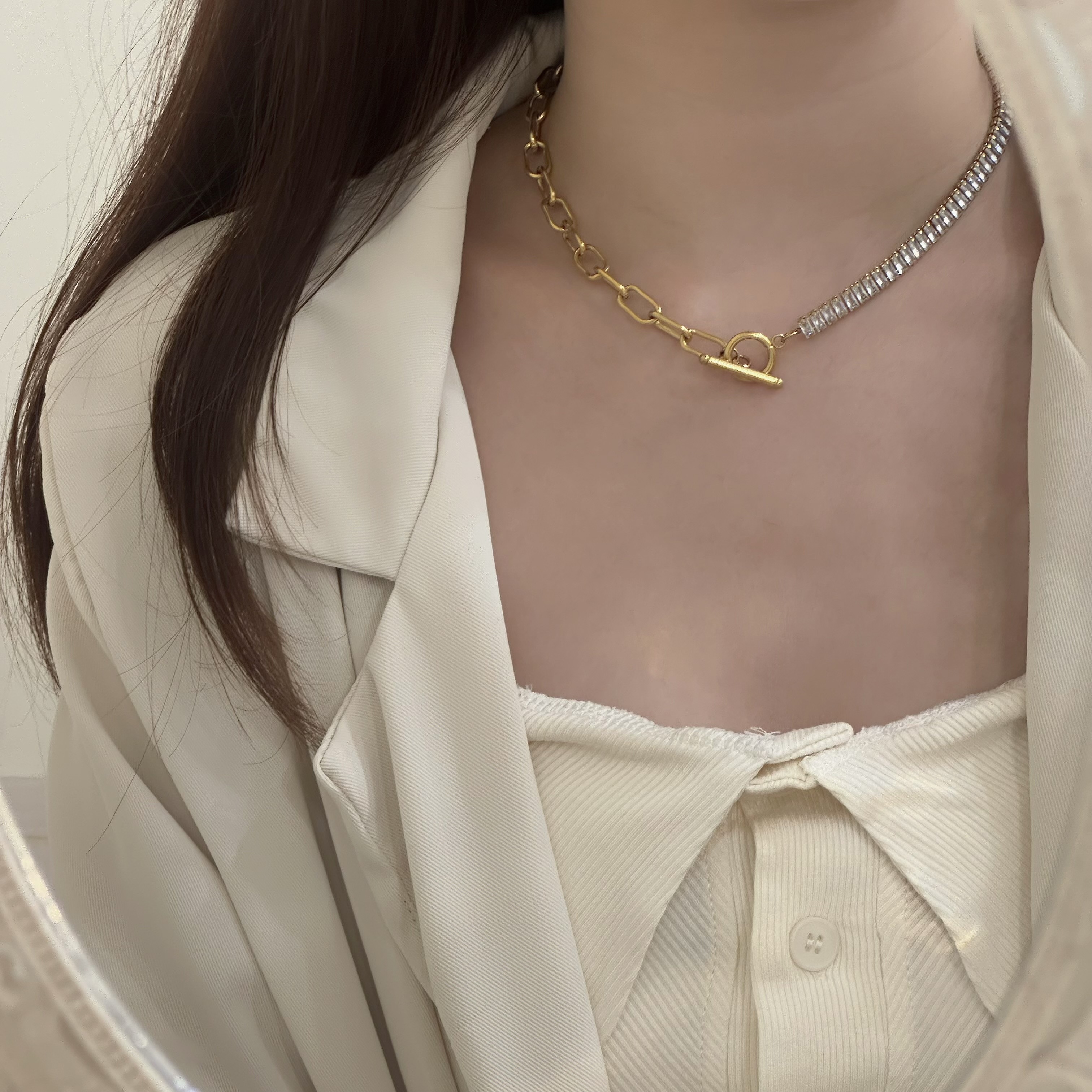 【鈦鋼】個性．排鑽鋯石OT扣頸鏈