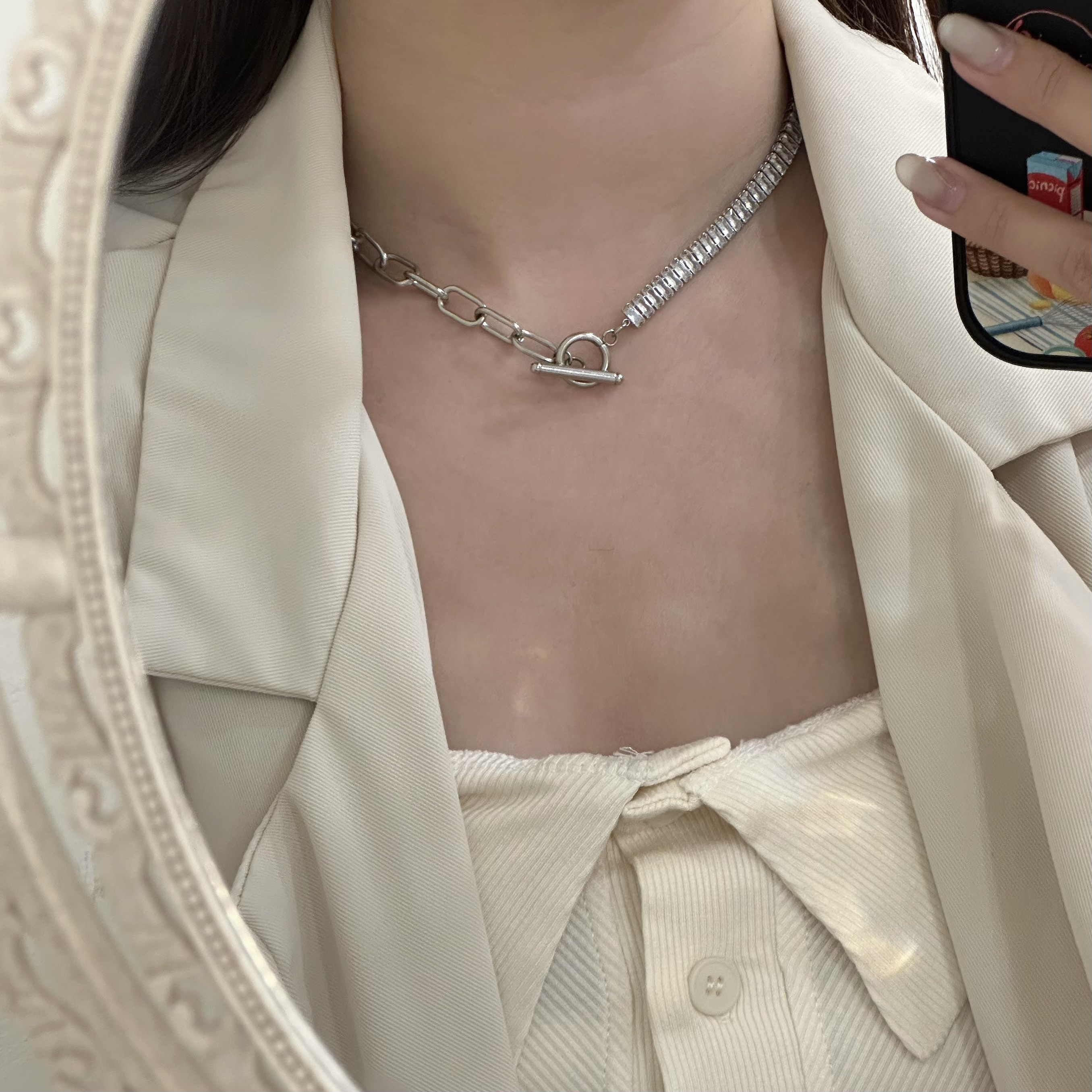 【鈦鋼】個性．排鑽鋯石OT扣頸鏈