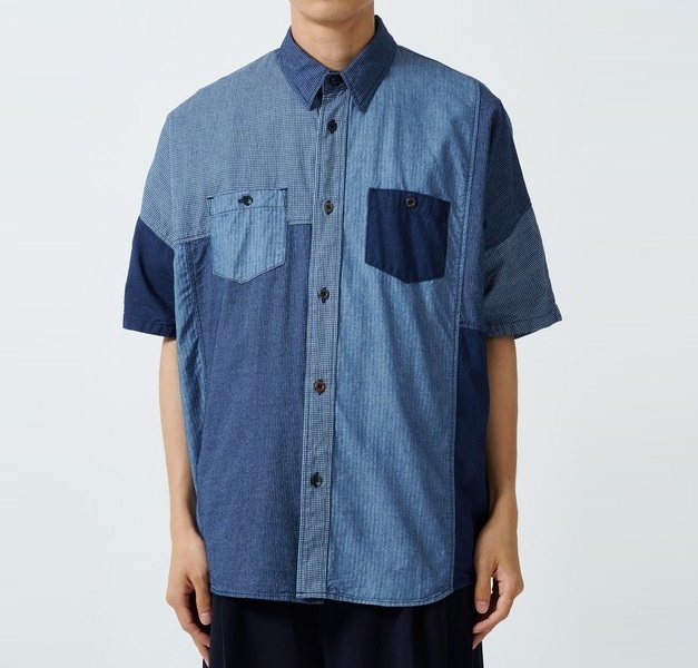 FDMTL JAPAN 2024 S/S PATCHWORK S/S SHIRT RINSE - INDIGO PRE ORDER ITEM (預訂中)