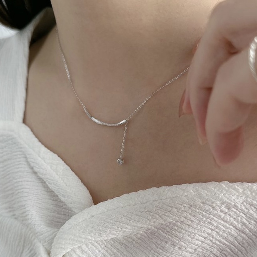 C18波浪排鑽微笑垂吊純銀鎖骨鏈