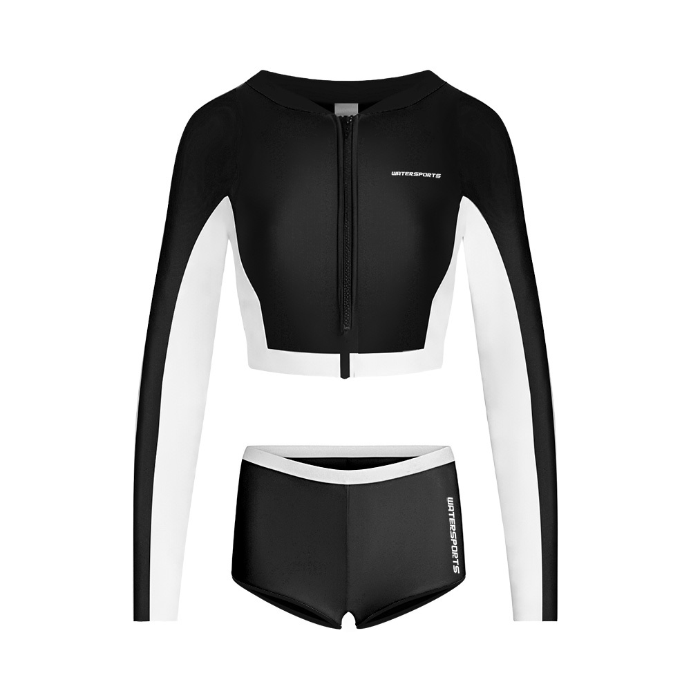 女士 Sea Dive 長袖露腰防曬套裝 - 黑/白