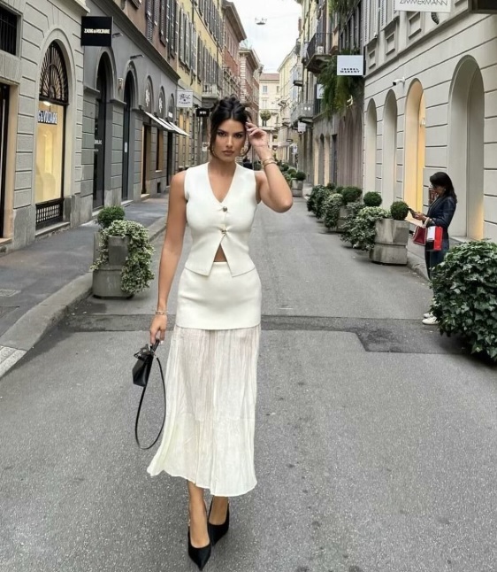 針織金釦背心+雪紡拼接長裙(白/咖)(可單買)