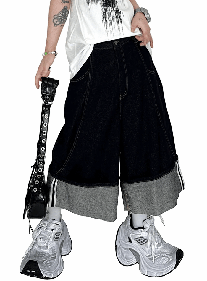 卷邊超長寬大鑲邊牛仔短褲