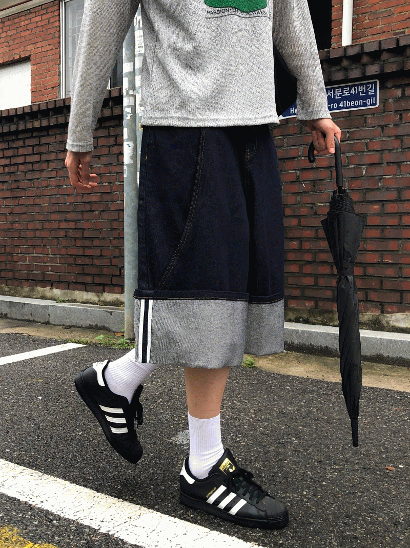 卷邊超長寬大鑲邊牛仔短褲