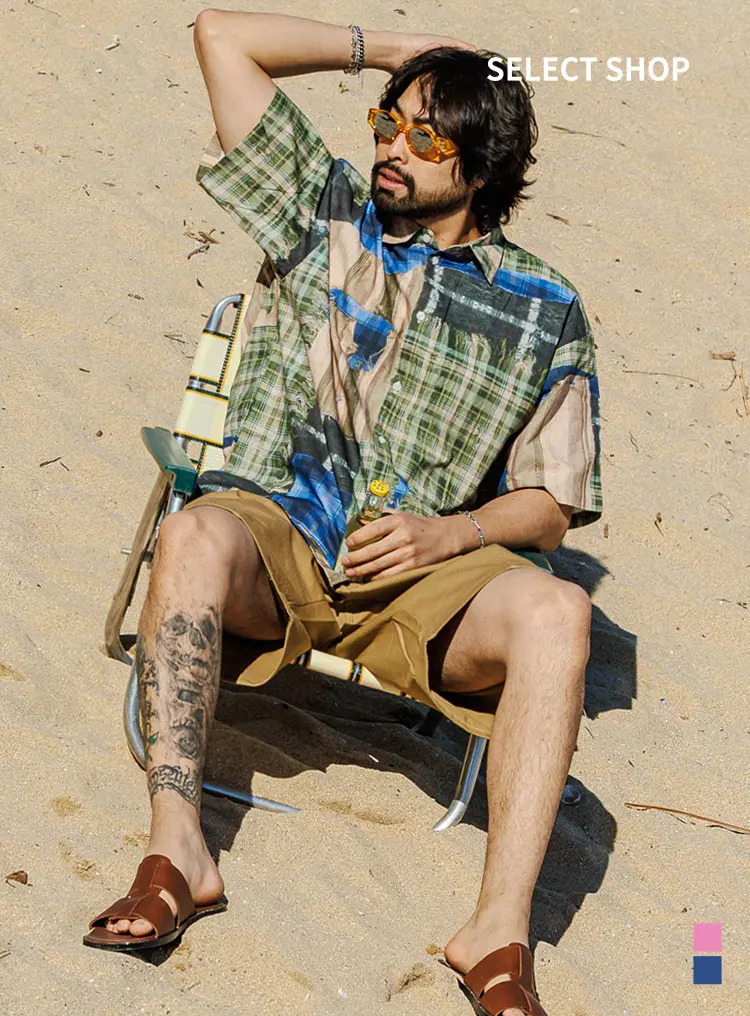 復古美式休閒寬鬆短袖格紋襯衫