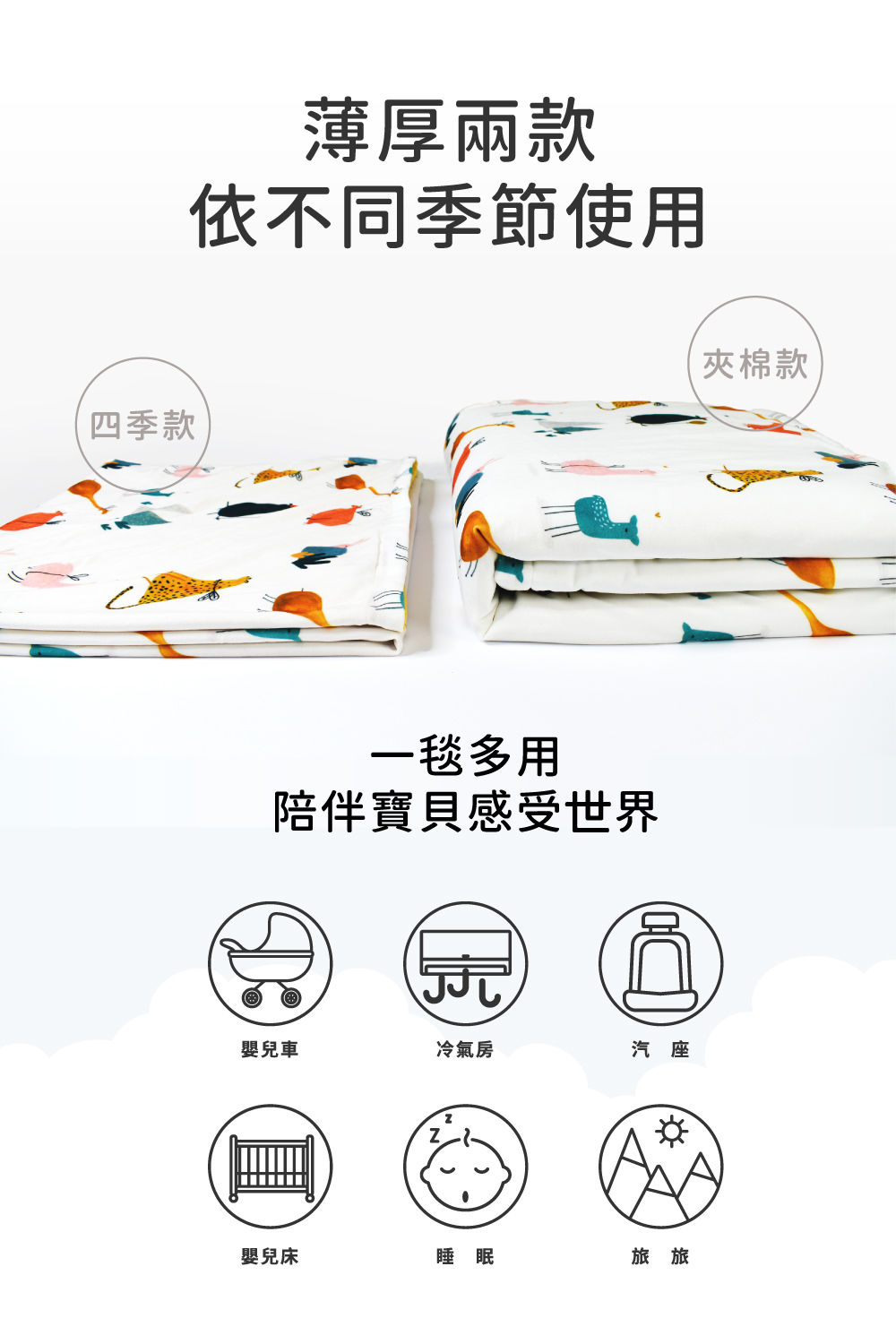 兩款厚度，依不同季節使用，一毯多用，陪伴寶貝感受世界