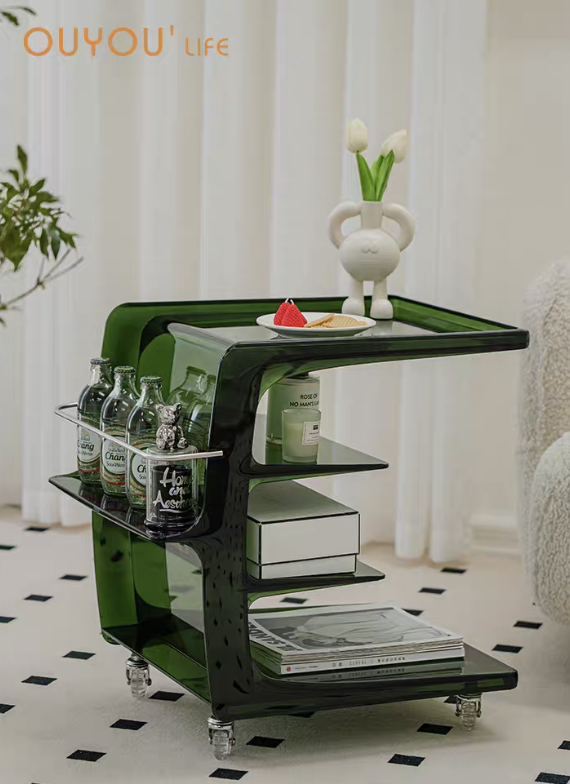 歐又 可移動壓克力帶輪車小茶几