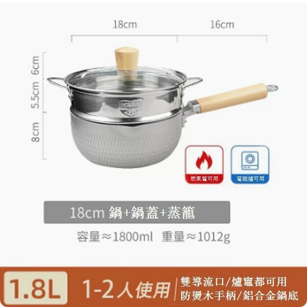 熱推極光銀不粘鍋小奶鍋【18cm極光銀 加蓋+蒸籠】