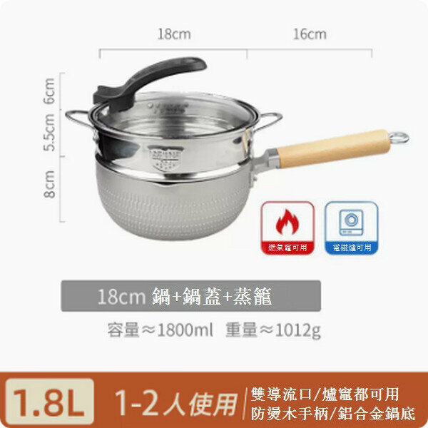 熱推極光銀不粘鍋小奶鍋【18cm極光銀 加可立蓋+蒸籠】