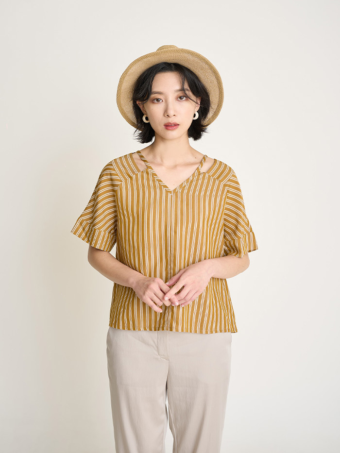 百葉小天窗條紋上衣-葉茶