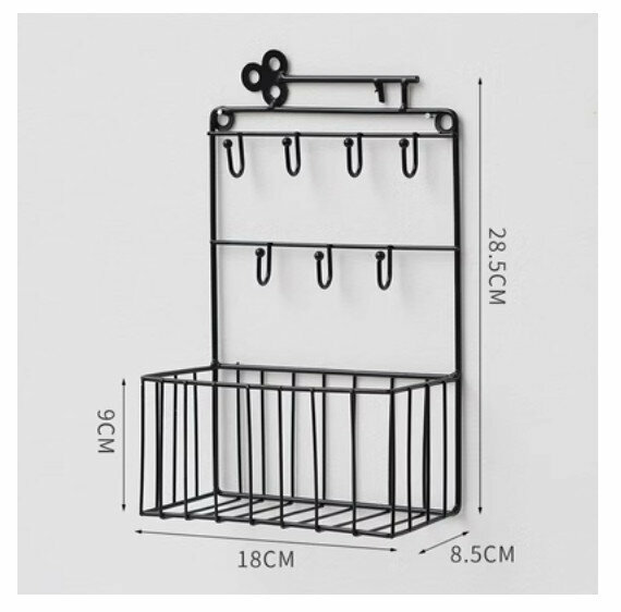 Popular wall-mounted decorative shelf [black 7 hooks + hanging basket]