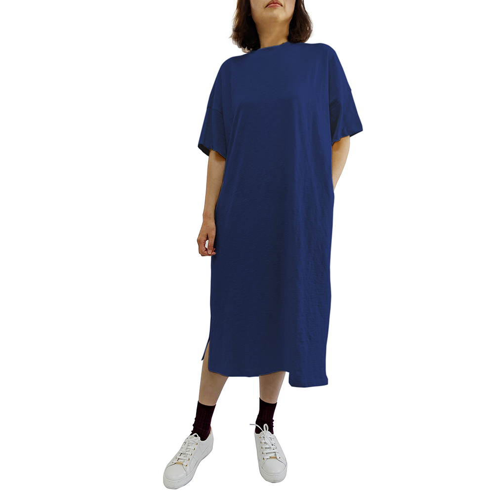 女BD有機埃及棉竹節短袖長洋裝-莊園藍 | 藍天畫布有機棉