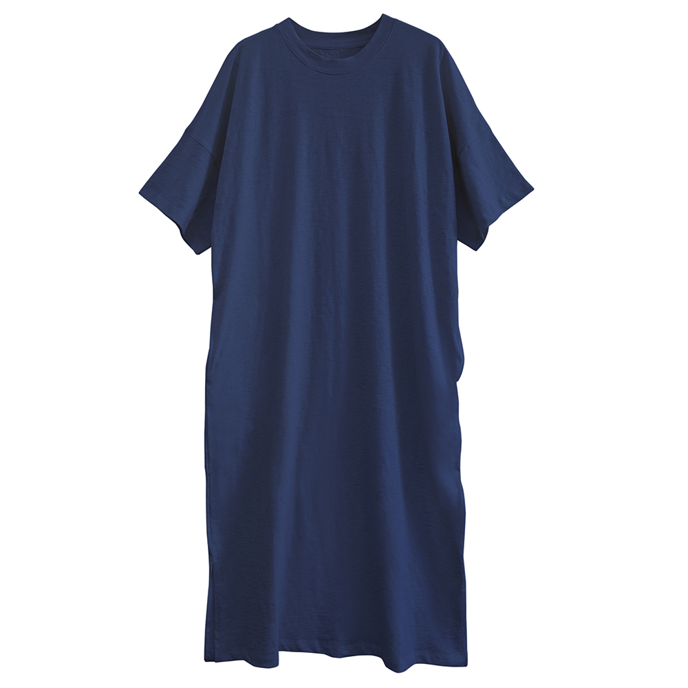 女BD有機埃及棉竹節短袖長洋裝-莊園藍 | 藍天畫布有機棉