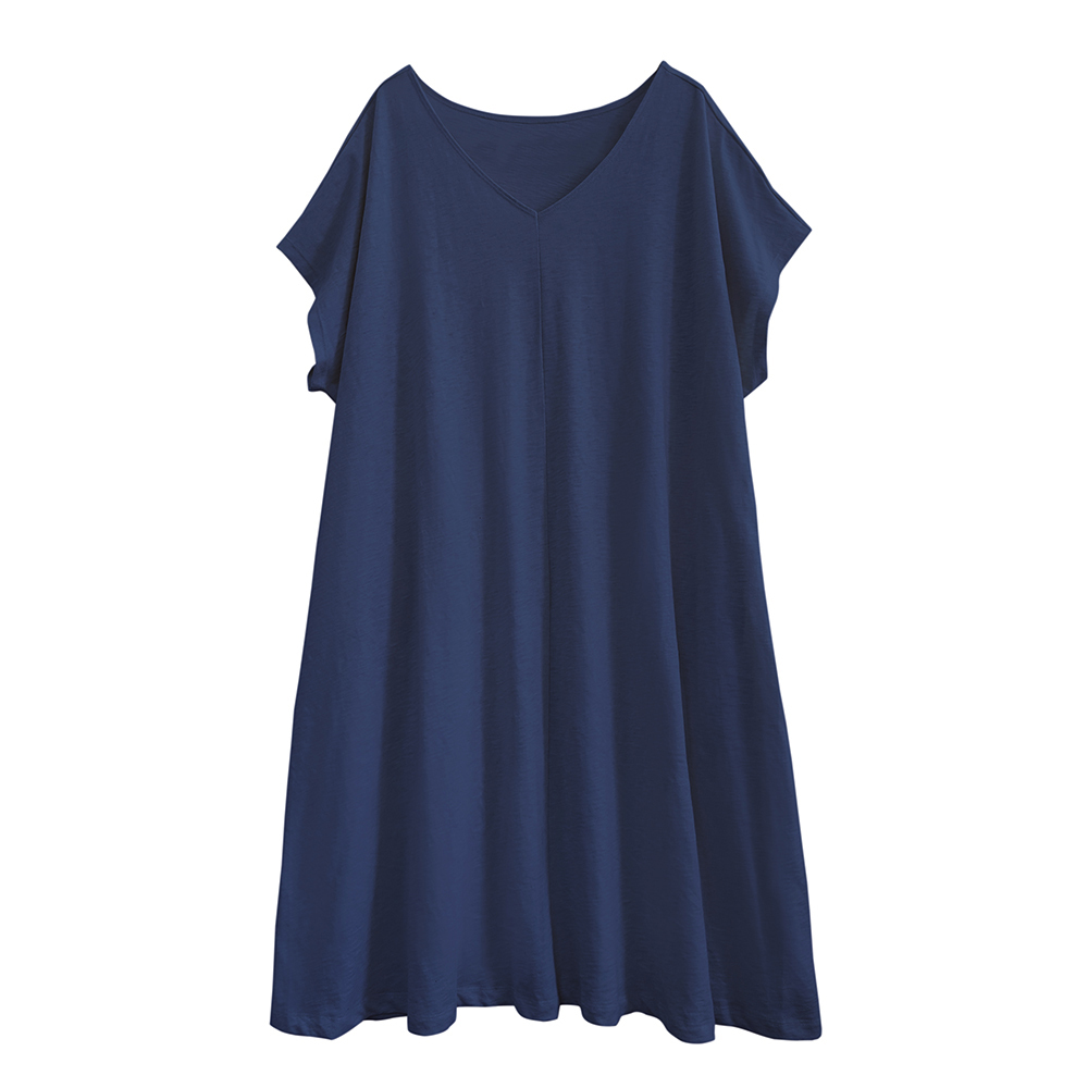 女BD竹節V領寬鬆及膝T-莊園藍F |大尺碼 有機埃及棉 | 藍天畫布有機棉