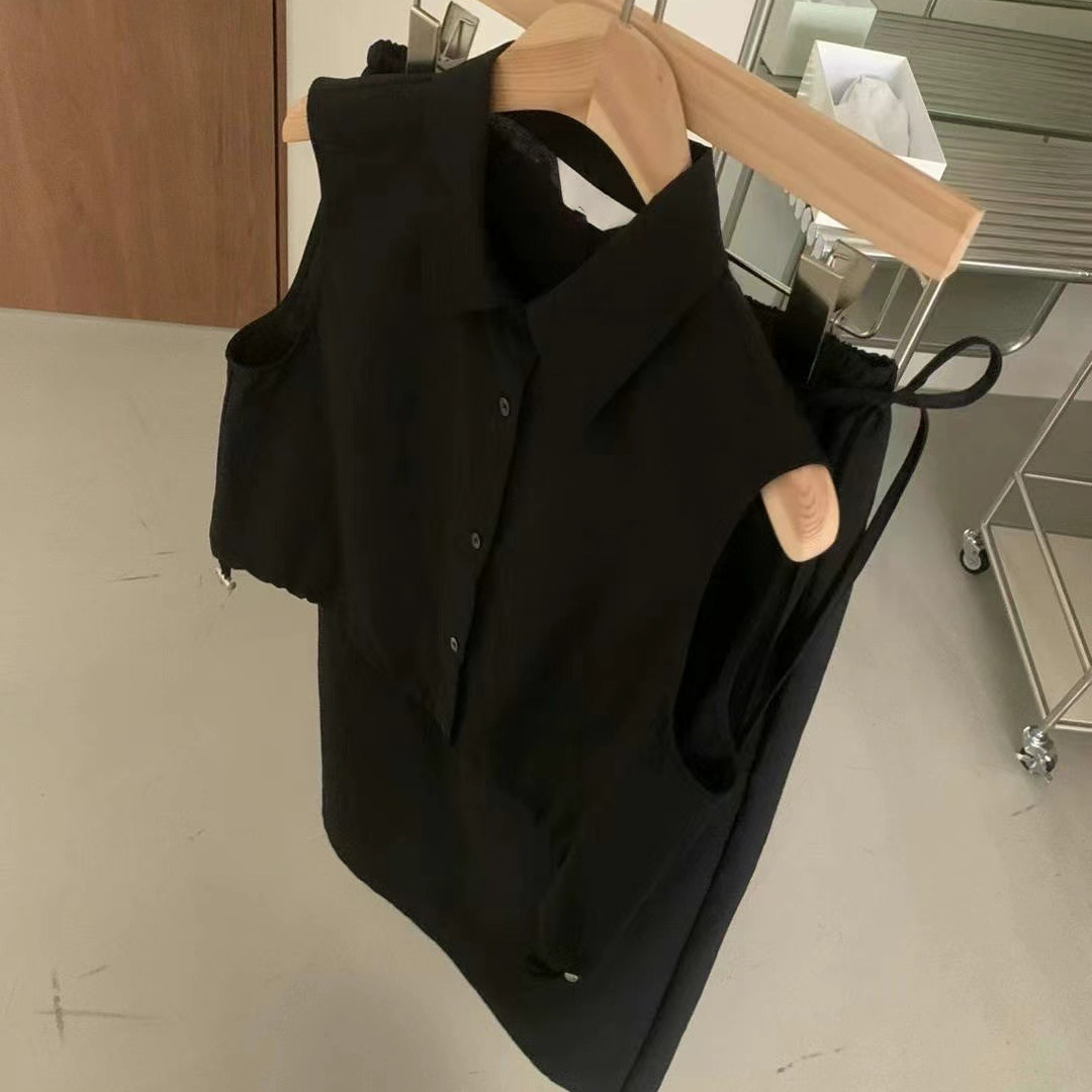 R01雙側細節抽繩釦背心(黑)
