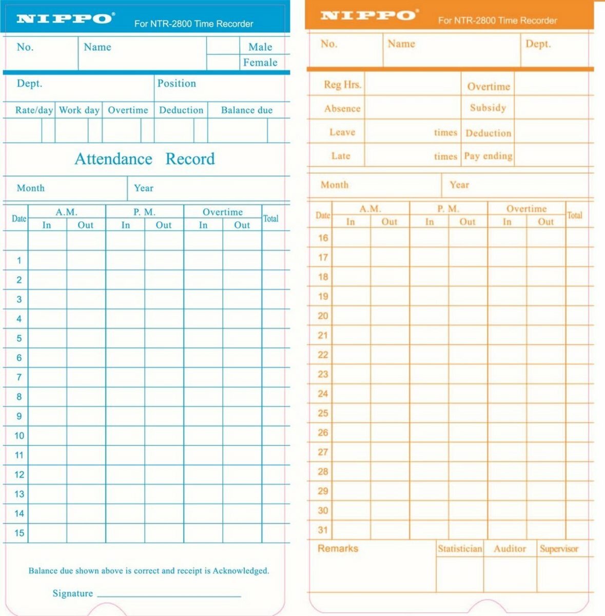 Nippo - NTA-120 值勤記錄卡 《NTR-2800 / NTR-2820 系列卡鐘機專用》