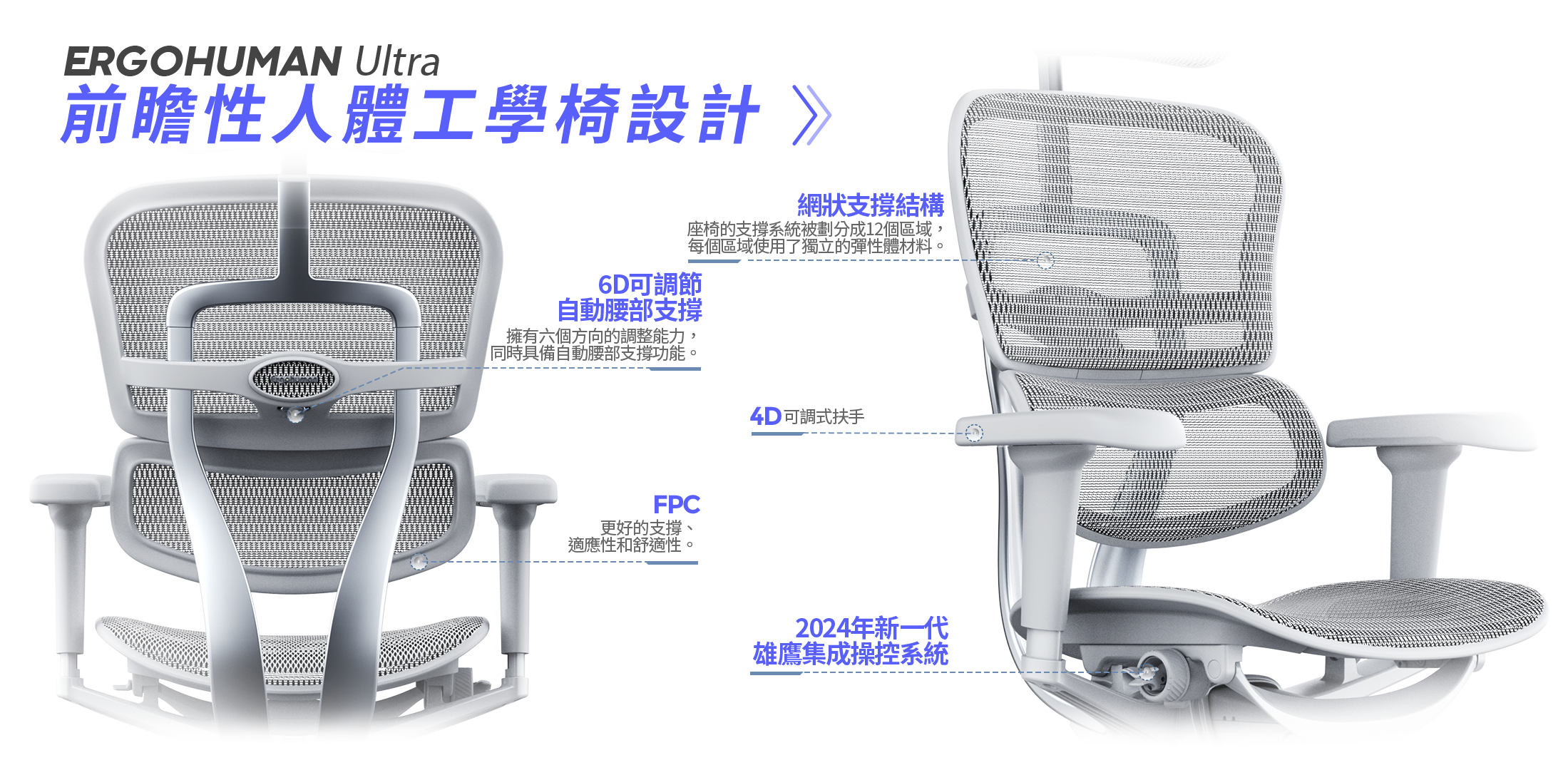 ERGOHUMAN Ultra前瞻性人體工學椅設計》6D可調節網狀支撐結構座椅的支撐系統被劃分成12個區域,每個區域使用了獨立的彈性體材料。自動腰部支撐擁有六個方向的調整能力,同時具備自動腰部支撐功能FPC更好的支撐、適應性和舒適性。4D 可調式扶手2024年新一代雄集成操控系統