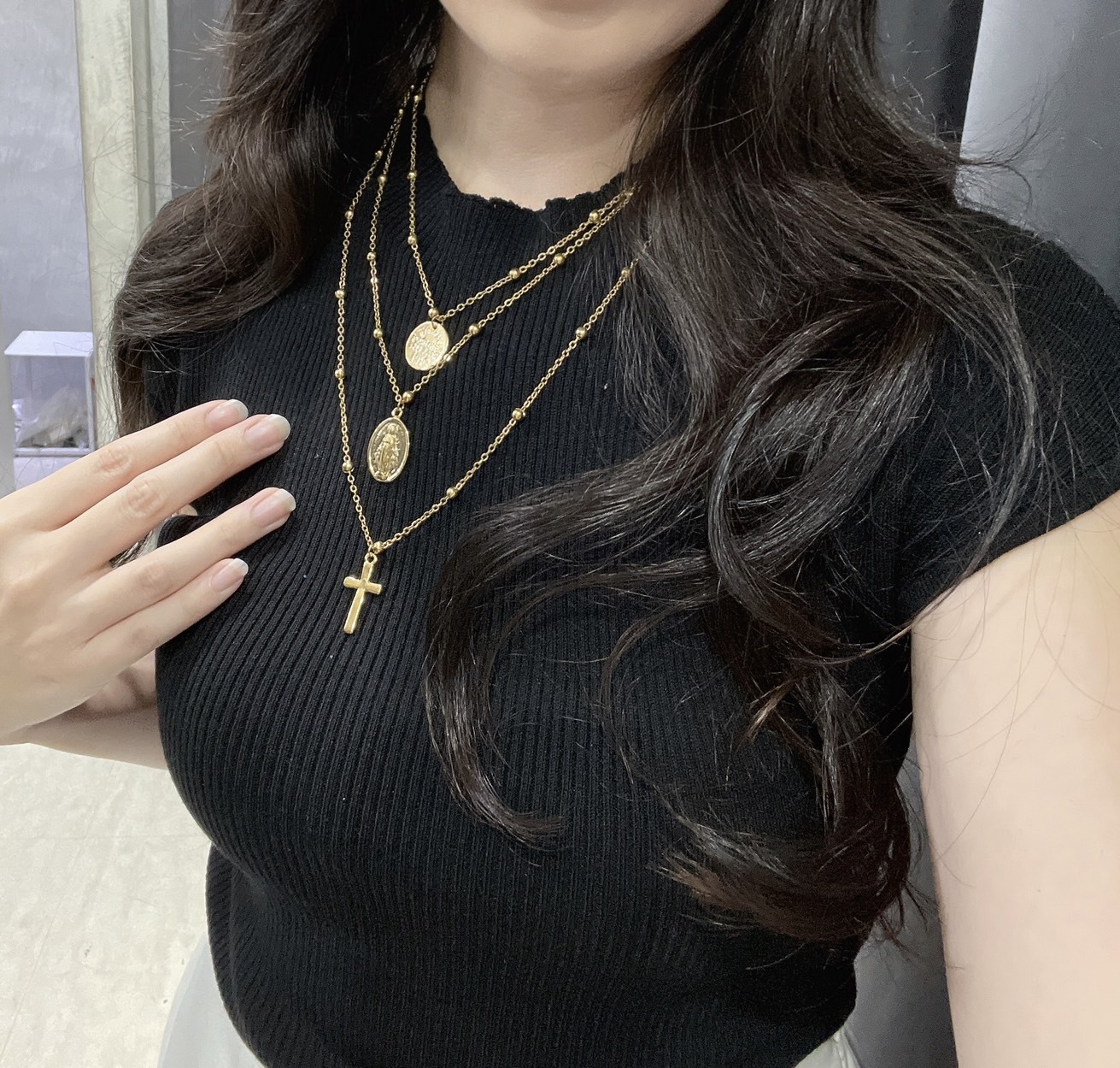 多層次 錢幣十字架項鍊