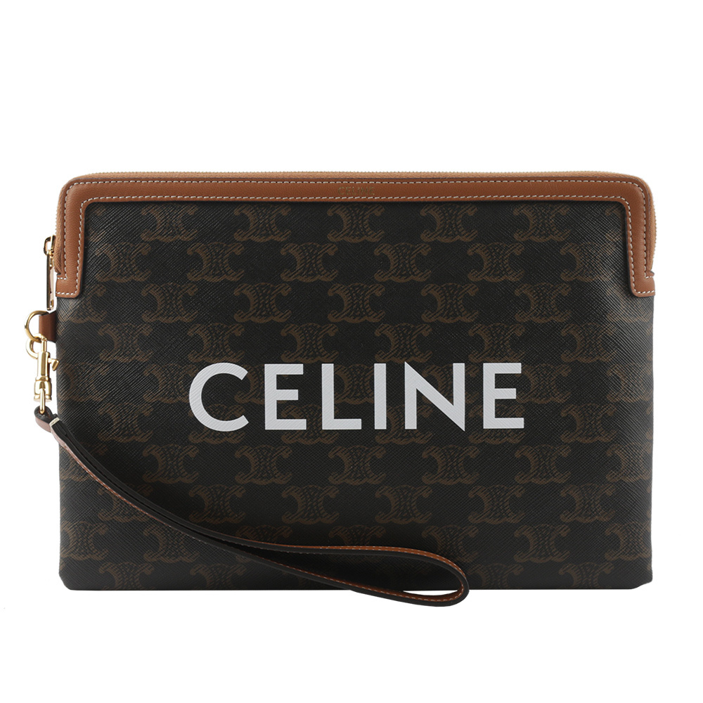 【CELINE】滿版凱旋標誌塗層帆布拉鍊手拿包