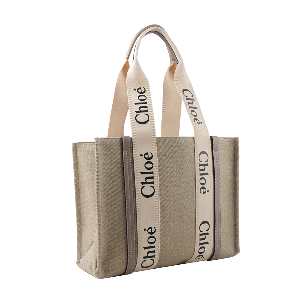 【Chloé】Woody 亞麻帆布拼牛皮托特包(中款)