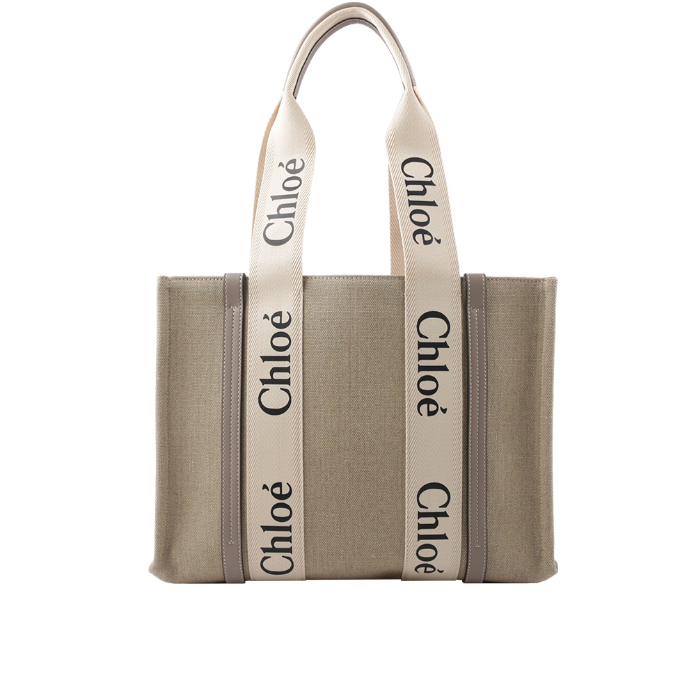 【Chloé】Woody 亞麻帆布拼牛皮托特包(中款)