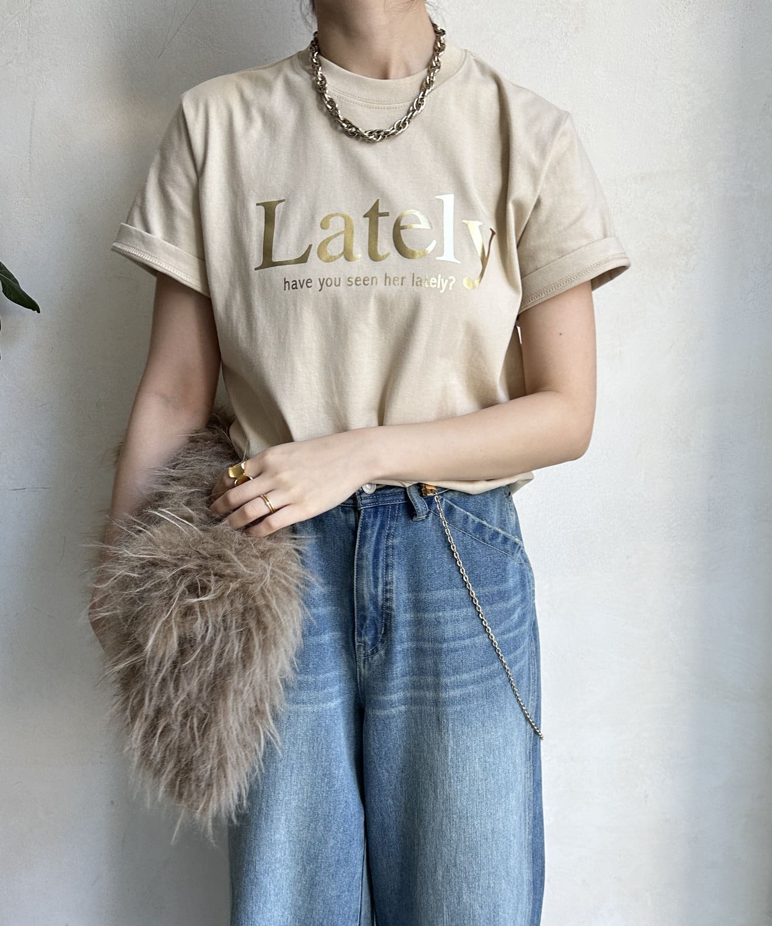 DOUDOU(ドゥドゥ)  Lately箔プリントロゴTEE米杏（DDZ1041606A0020）