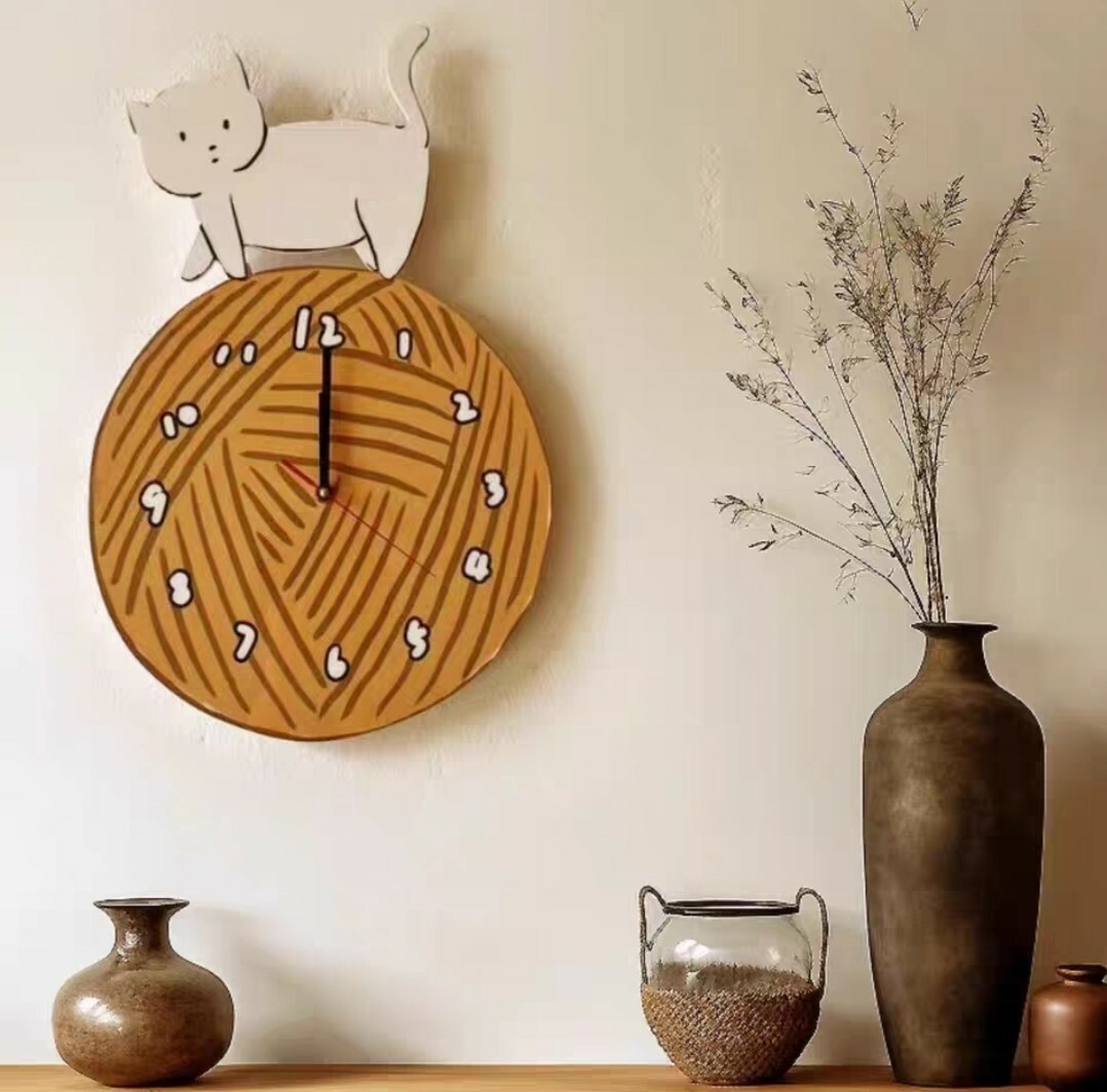 貓與毛線球創意掛鐘